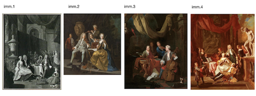 Coppia di interni con scende di genere 'Banchetto' e 'Rissa'